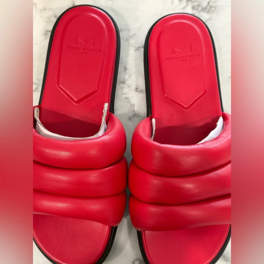 NEW Marc Fisher LTD Yessy Leather Textured Flatform Sandals Tomato Red Women’s 9